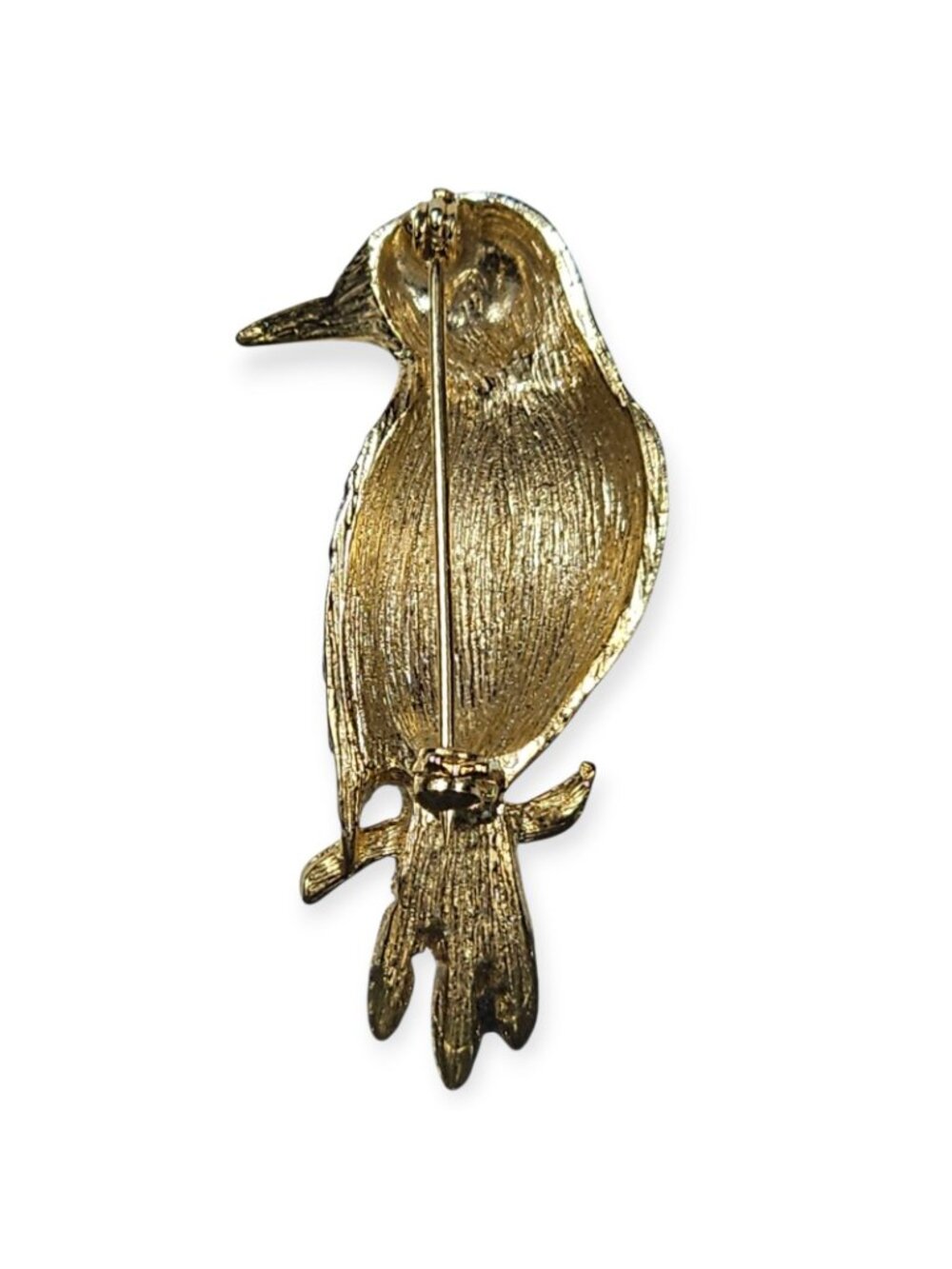 Gold & Silver Tone Bird Brooch Pin with Green Rhinestone Eye Jewelry VTG - Picture 2 of 3